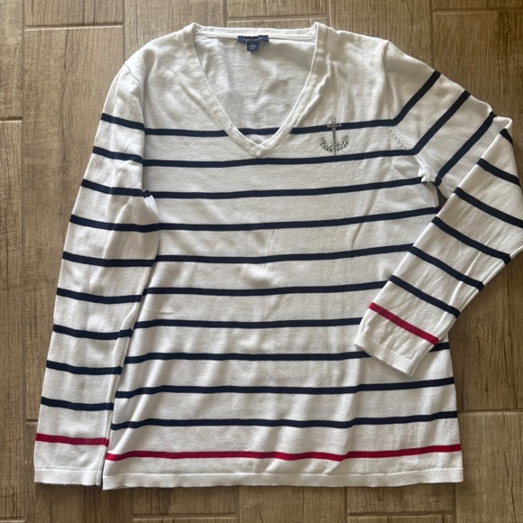 Tommy Hilfiger Sweaters - Tommy Hilfiger Womens XL White Striped V-Neck Sweater Rhinestone Anchor Nautical
